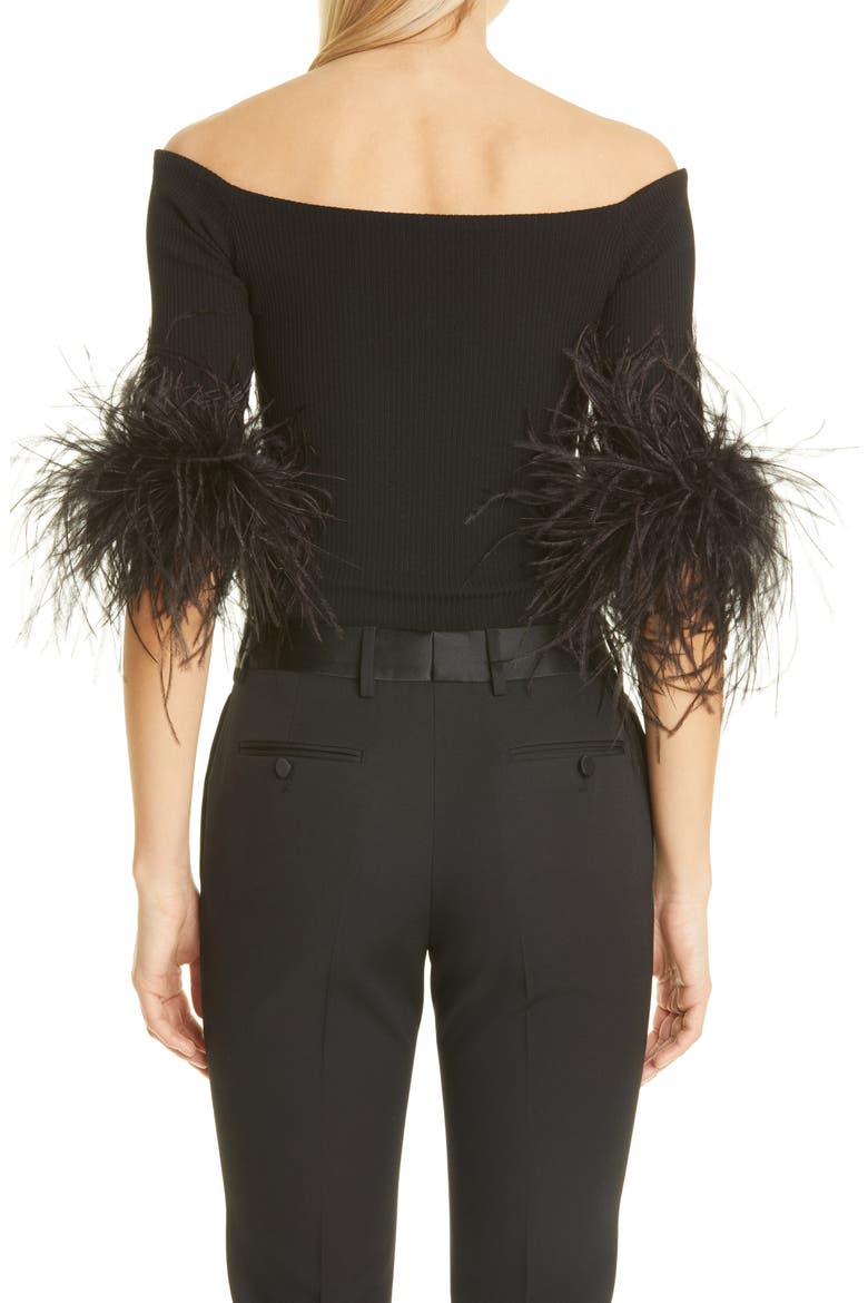 Feather Trim Off the Shoulder Cashmere Knit Top, Alternate, color, 1000 NOIR