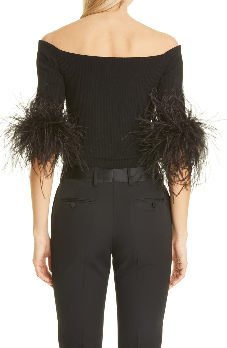 Saint Laurent Feather Trim Off the Shoulder Cashmere Knit Top, Alternate, color, 