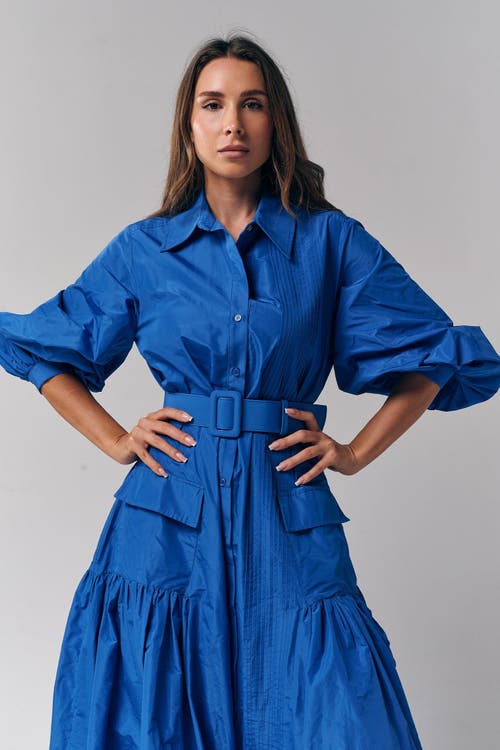 Le Fafo Bellted Taffeta Maxi Dress Gown In Blue