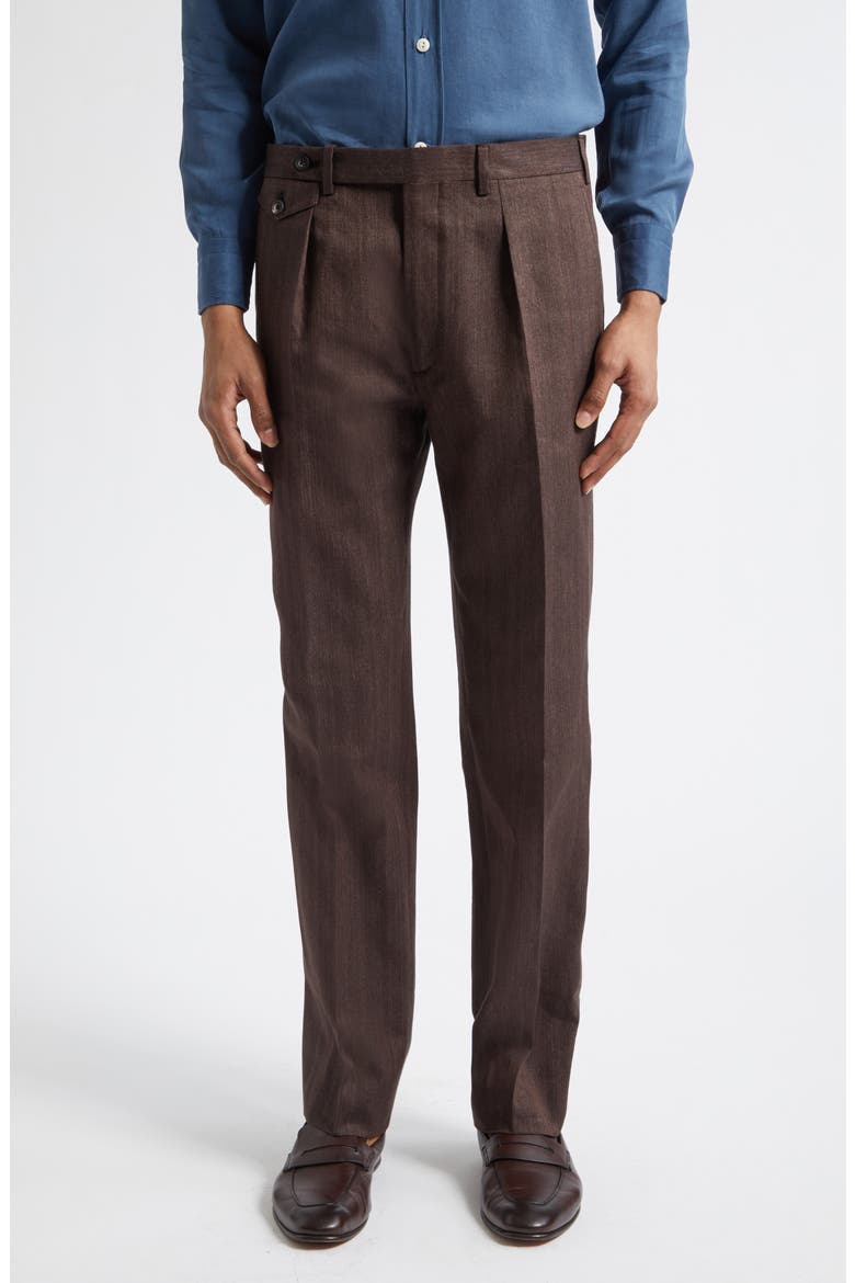 Waverly Single Pleat Tapered Cotton & Linen Trousers, Main, color, BROWN