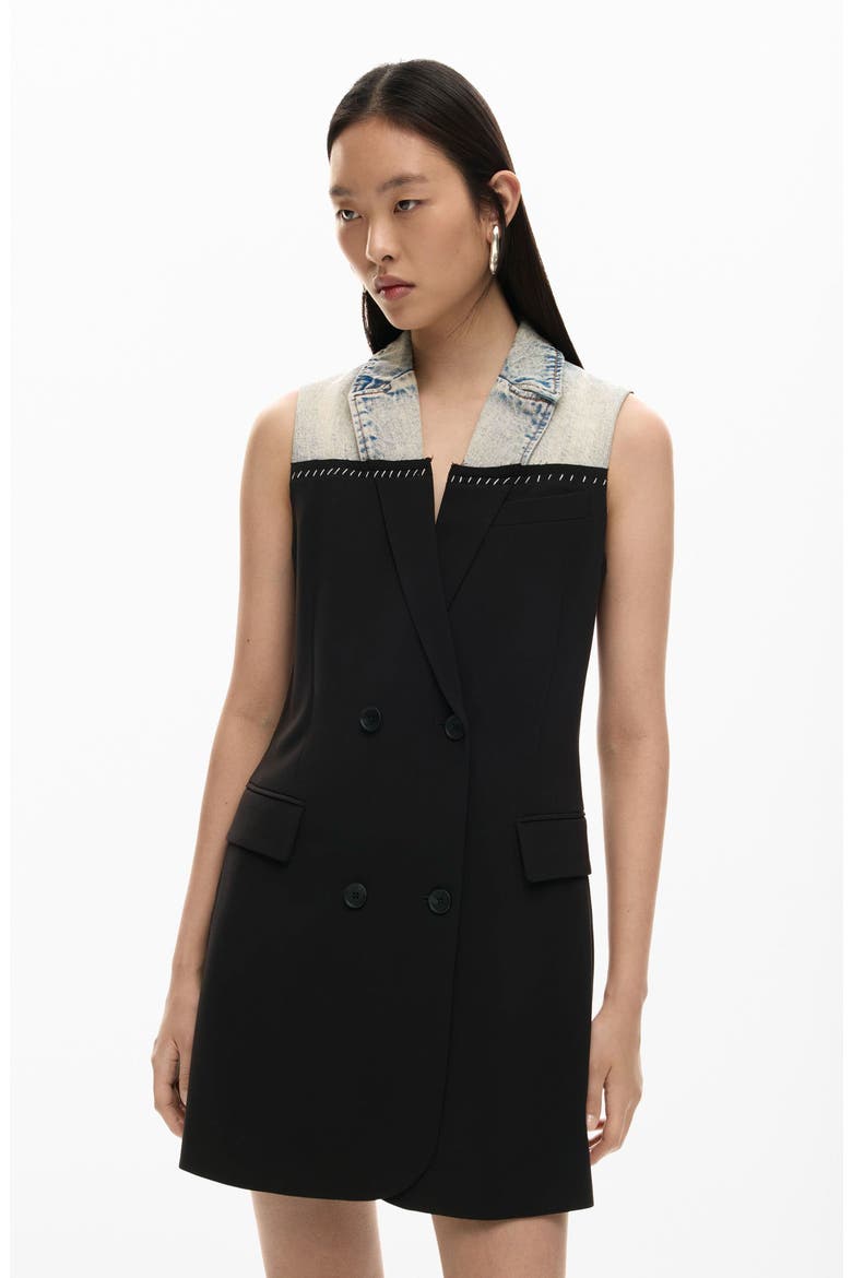 Mixed Media Sleeveless Double Breasted Blazer Minidress, Alternate, color, BLACK
