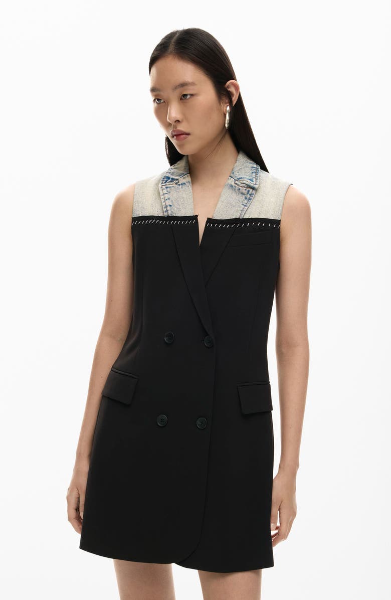 Desigual Mixed Media Sleeveless Double Breasted Blazer Minidress, Alternate, color, Black