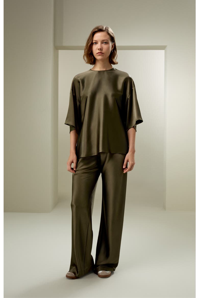 Women's Relaxed Silk Crewneck Blouse, Alternate, color, Pine