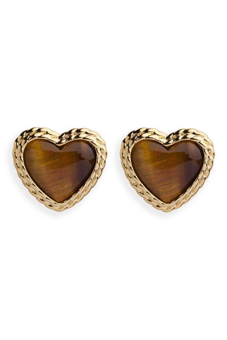 Semiprecious Stone Heart Stud Earrings, Main, color, GOLD/ TIGERS EYE