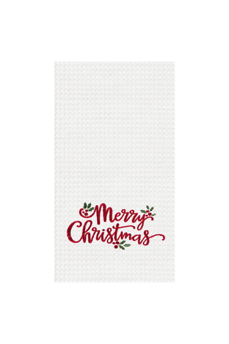 Merry Christmas Holly Leaves Waffle Weave Cotton Kitchen Towel, Main, color, White