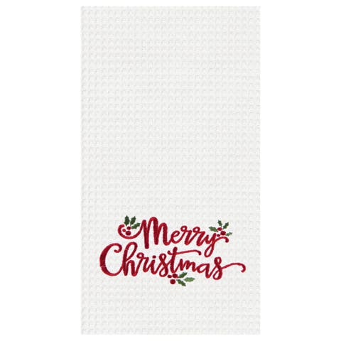 Merry Christmas Holly Leaves Waffle Weave Cotton Kitchen Towel