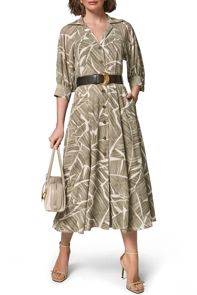 Leaf Print Midi Dress, Alternate, color, LT OLIVE M
