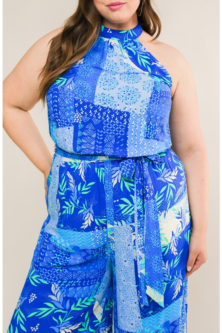 Halter Woven Jumpsuit, Alternate, color, BLUE COMBO