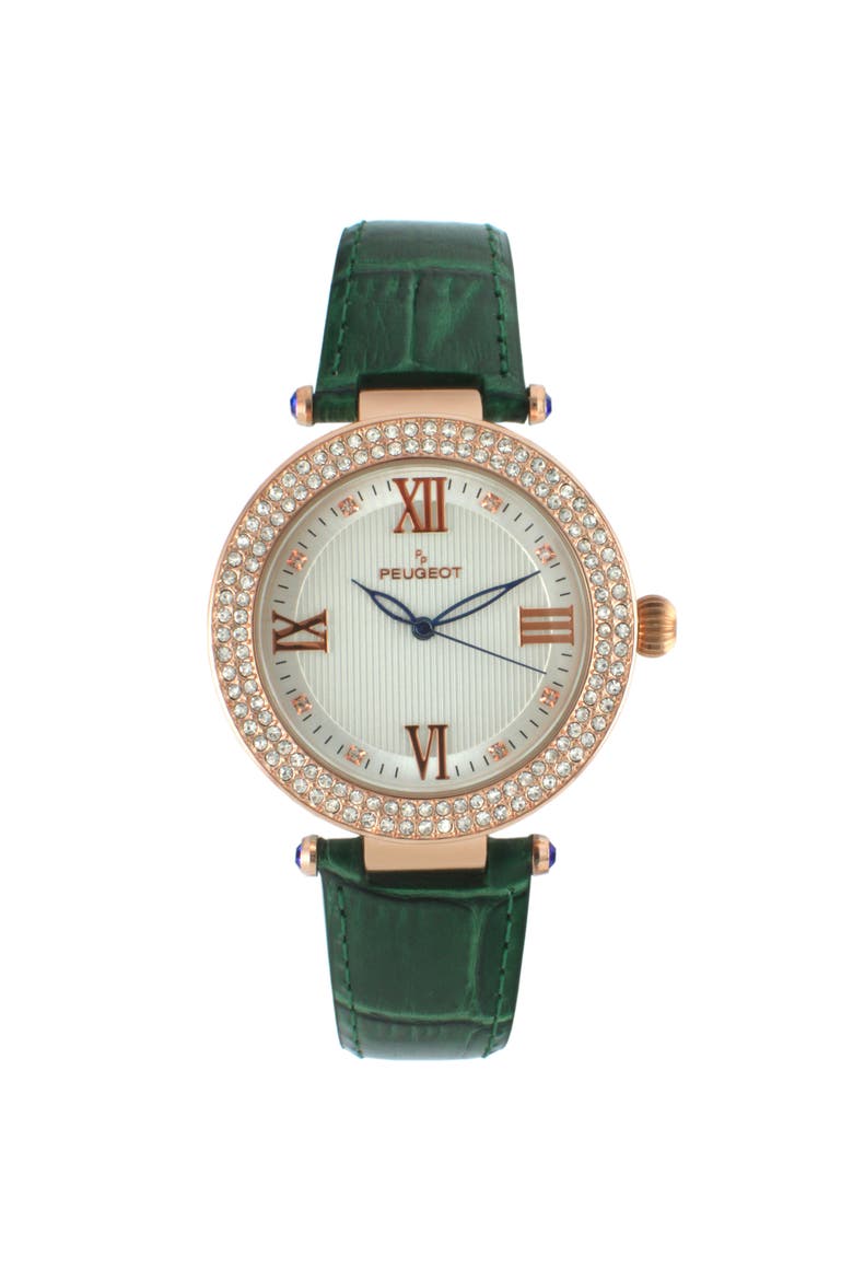 Stylish Crystal Bezel Textured Dial Leather Watch- 38MM, Main, color, Green