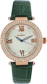 Peugeot Stylish Crystal Bezel Textured Dial Leather Watch- 38MM