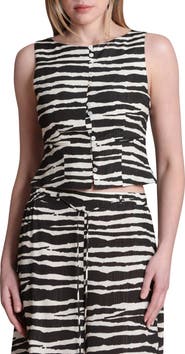 Avec Les Filles Zebra Print Boat Neck Button Front Tank