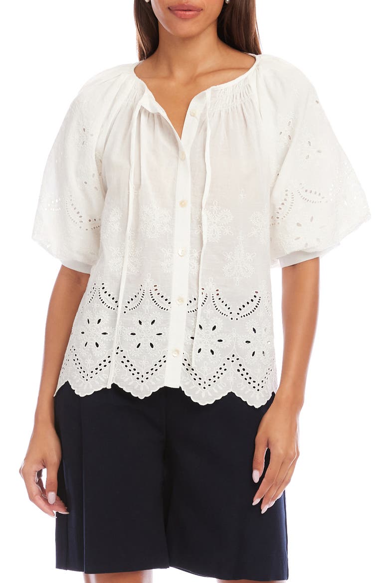 Eyelet Embroidered Cotton Button-Up Top, Main, color, WHITE