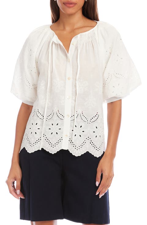 Eyelet Embroidered Cotton Button-Up Top