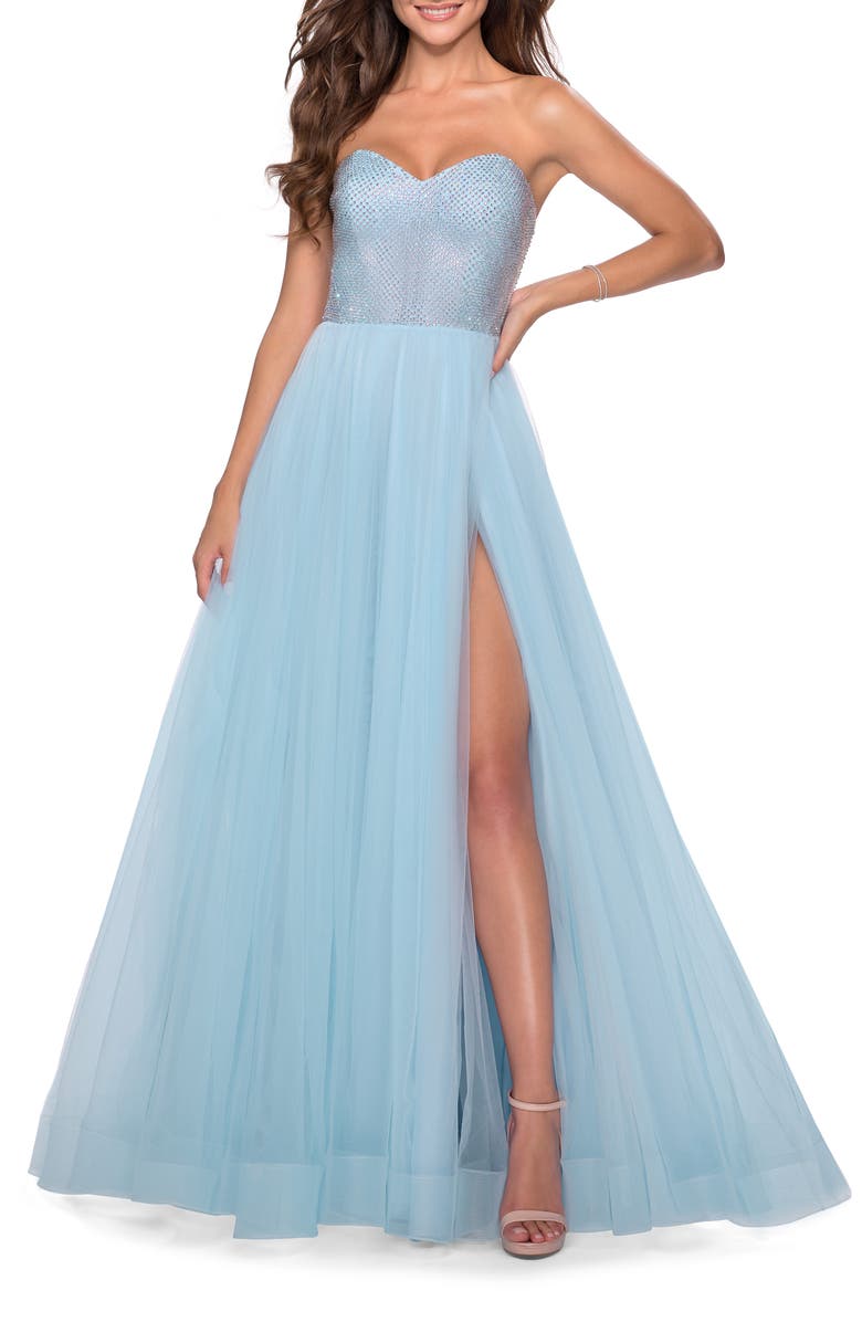 La Femme Beaded Tulle Strapless Ballgown, Main, color, 