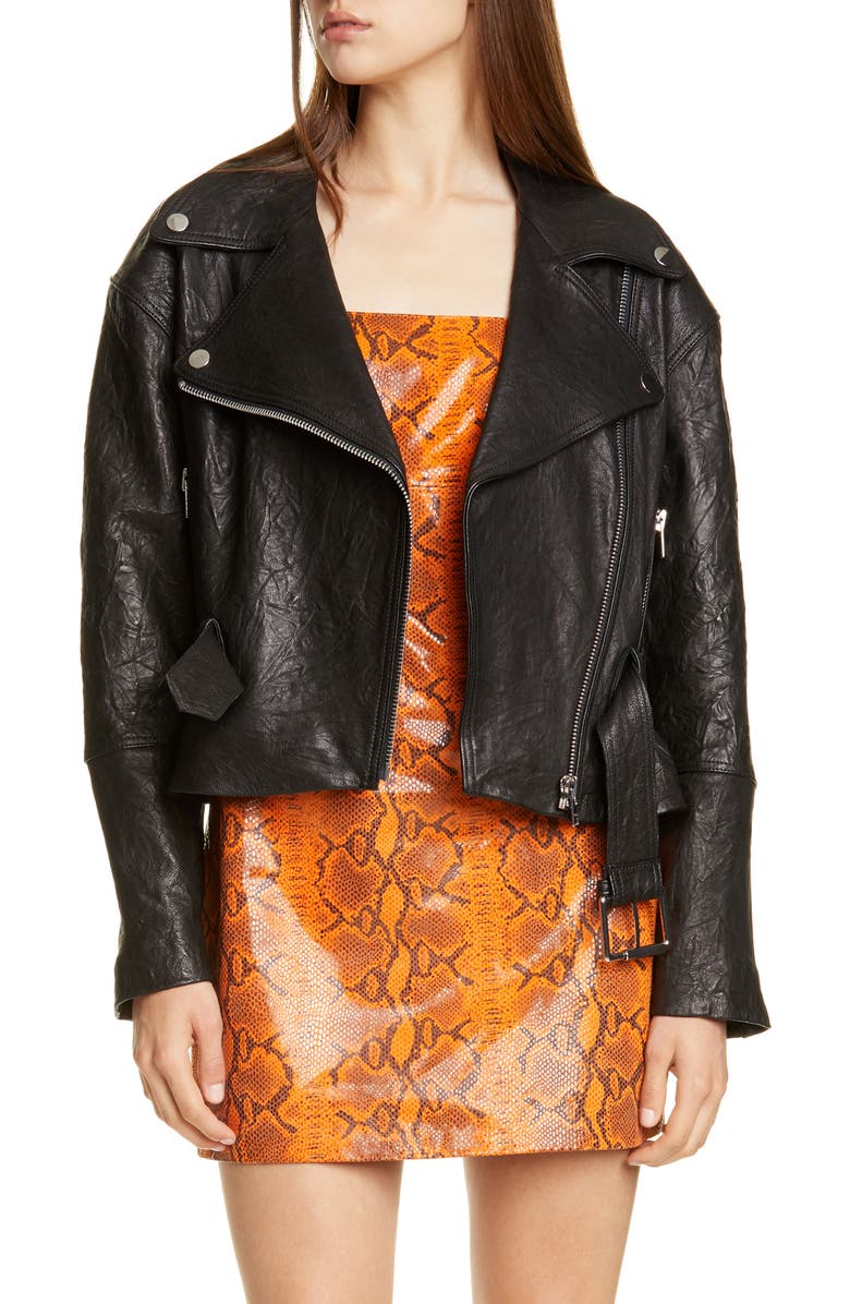 GRLFRND Charlie Belted Crinkled Leather Moto Jacket, Main, color,