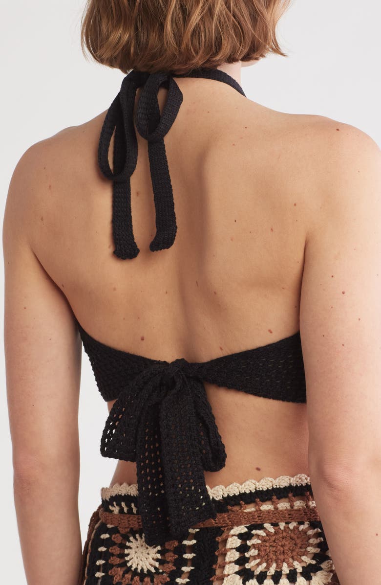 Elan Open Stitch Halter Crop Cover-Up Top, Alternate, color, Black