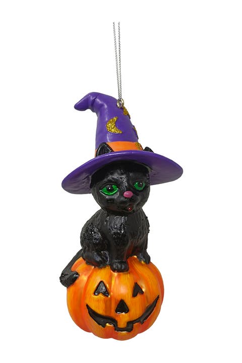 Witch Hat Black Cat On Pumpkin Glass Ornament