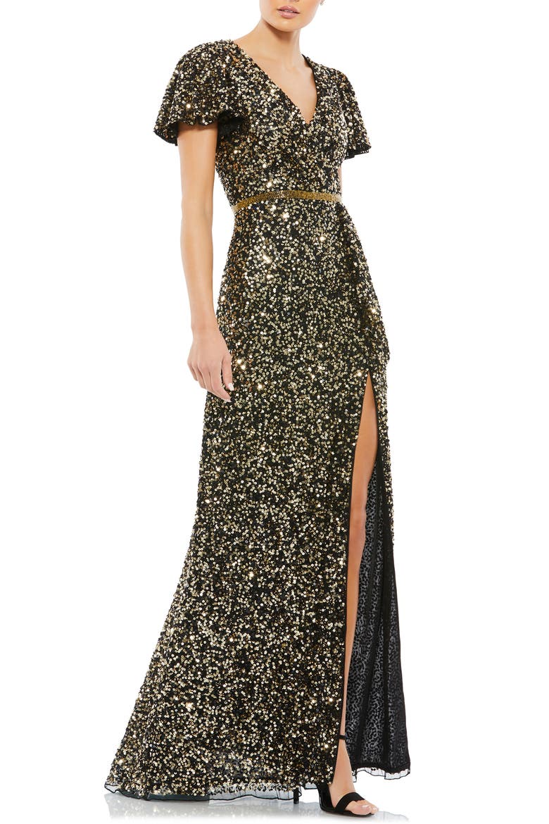 Sequined Wrap Over Butterfly Sleeve Draped Gown, Main, color, BLACK GOLD