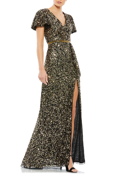 Sequined Wrap Over Butterfly Sleeve Draped Gown