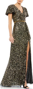 Mac Duggal Sequined Wrap Over Butterfly Sleeve Draped Gown