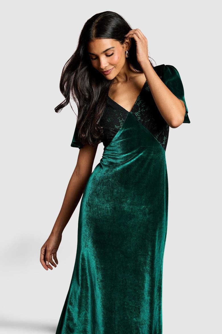 Velvet Lace Mix Short Sleeve Midi Dress, Alternate, color, Emerald