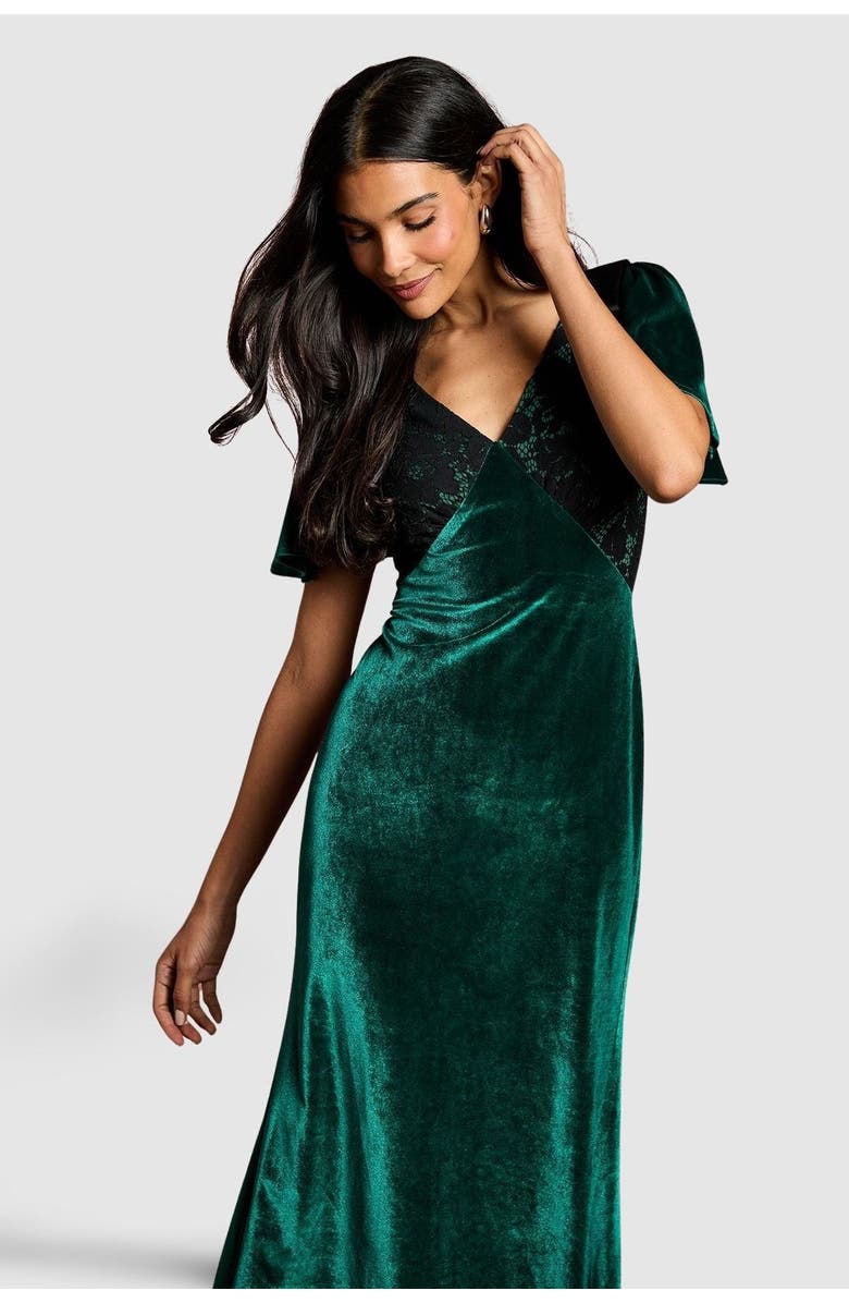 Coast Velvet Lace Mix Short Sleeve Midi Dress, Alternate, color, Emerald