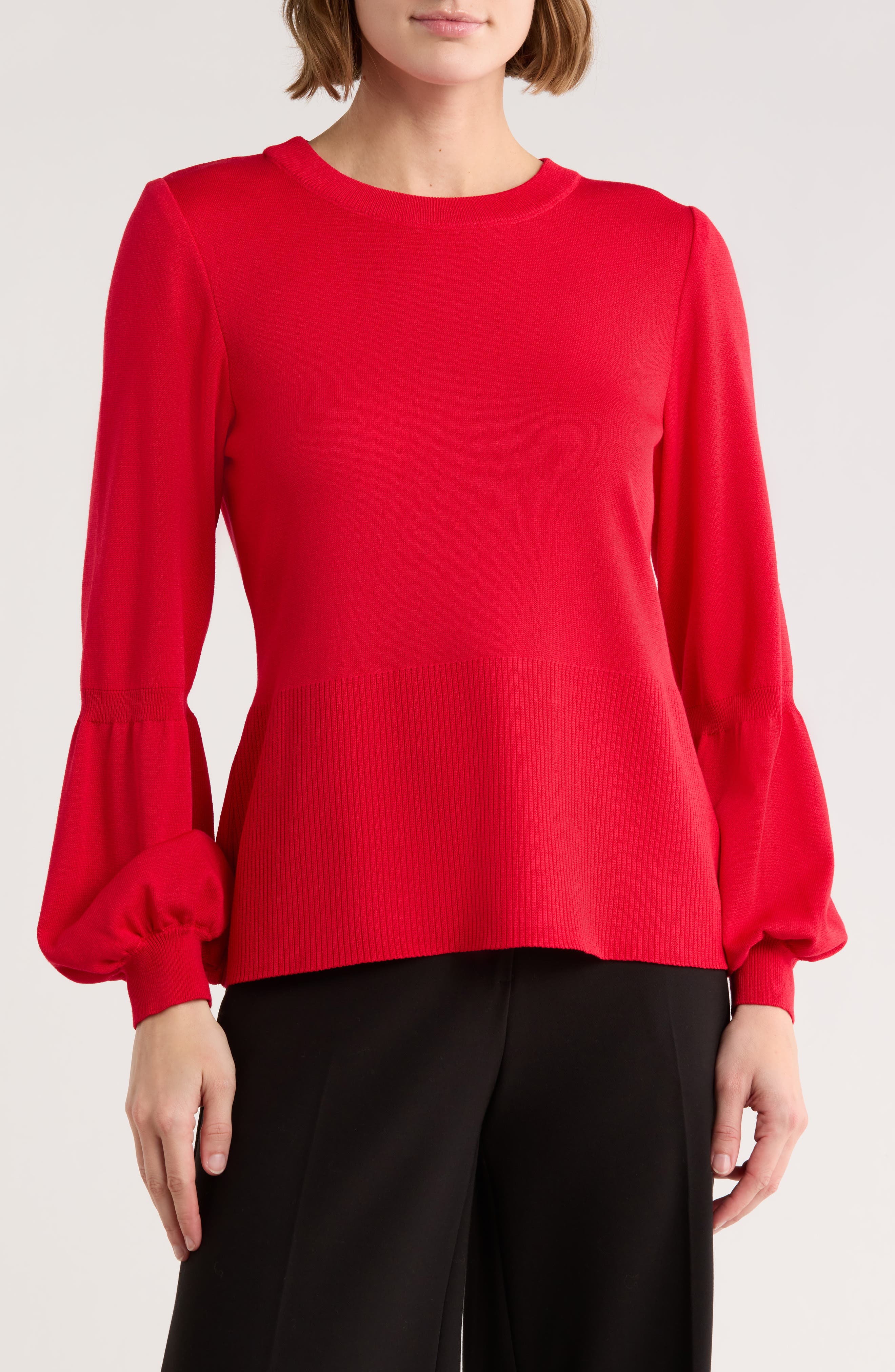 Ming Wang Check Bishop Sleeve Knit Top