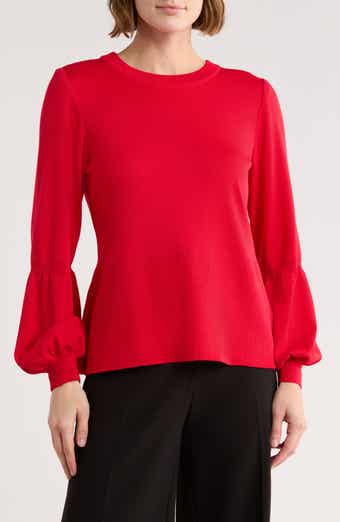Ming Wang Check Bishop Sleeve Knit Top
