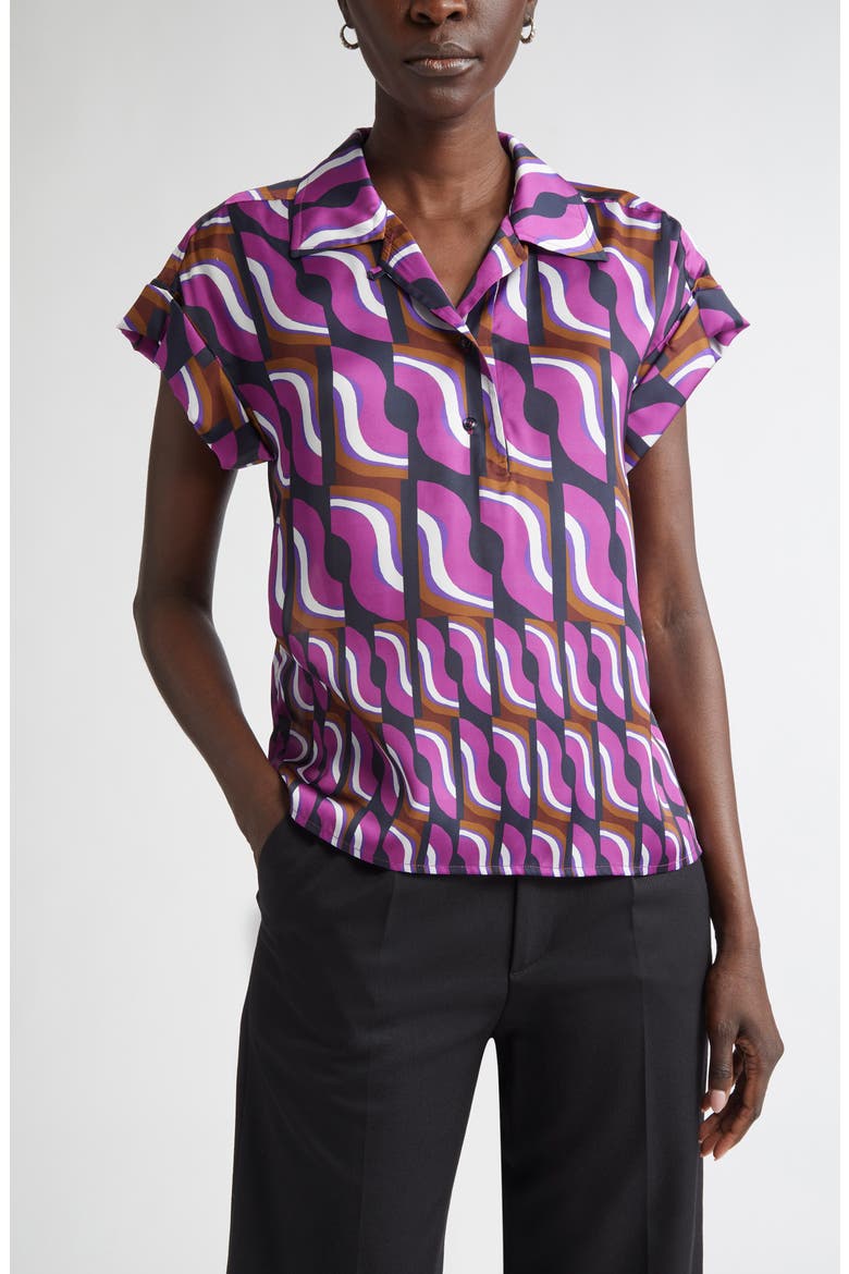 '70s Block Print Dolman Sleeve Satin Top, Main, color, DEEP PURPLE/ NAVY MULTI
