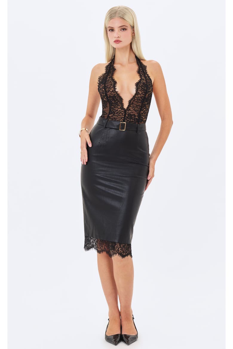 Fiera Deep V Plunging Halter Belted Lace Midi Dress, Alternate, color, Black