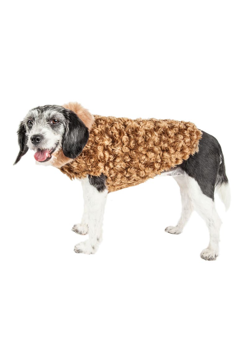 LUXE 'Gilded Rawflled' Gold Fleck Designer Faux Fur Dog Coat, Alternate, color, COFFEE BROWN AND WHITE