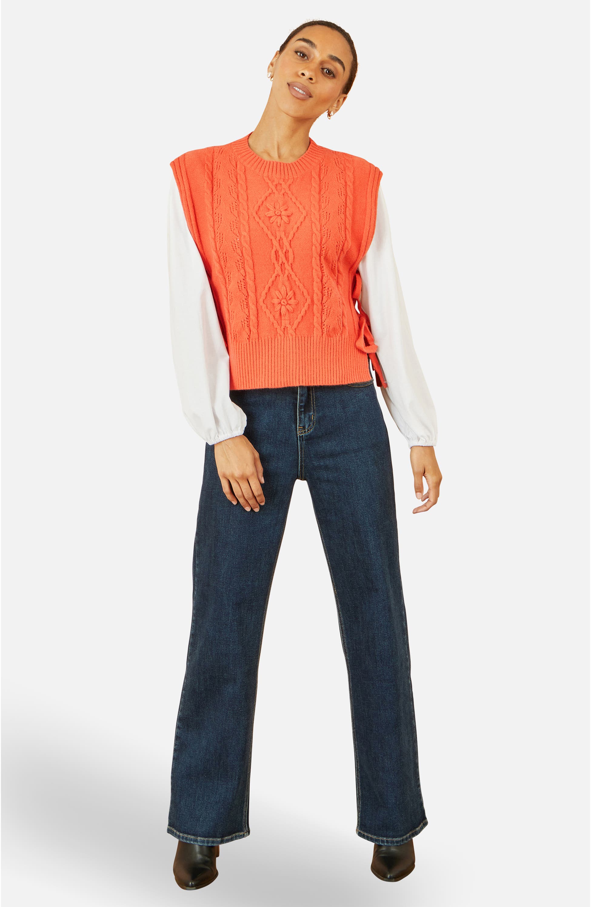 Yumi Floral Cable Knit Side Tie Pullover, Main, color, Orange