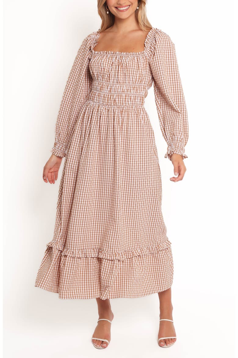 Torrie Shirred Long Sleeve Maxi Dress, Main, color, BROWN CHECK
