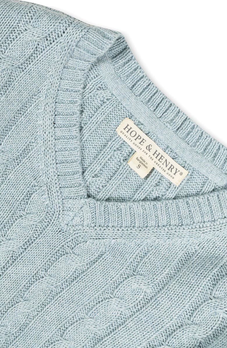 Hope & Henry Organic Long Sleeve Fine Gauge Cable V-Neck Sweater, Alternate, color, Dusty Blue Heather Cable