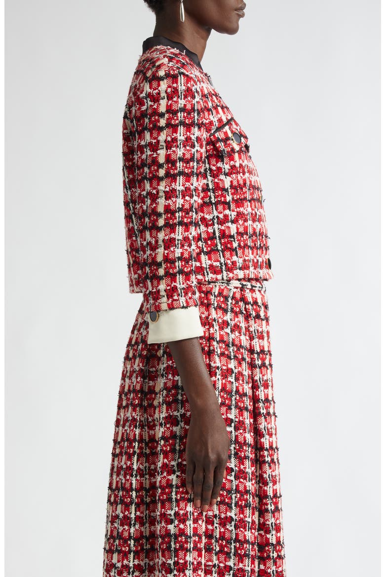 Plaid Eyelash Tweed Crop Jacket, Alternate, color, HAUTE RED/ BLACK/ PEARL MULTI