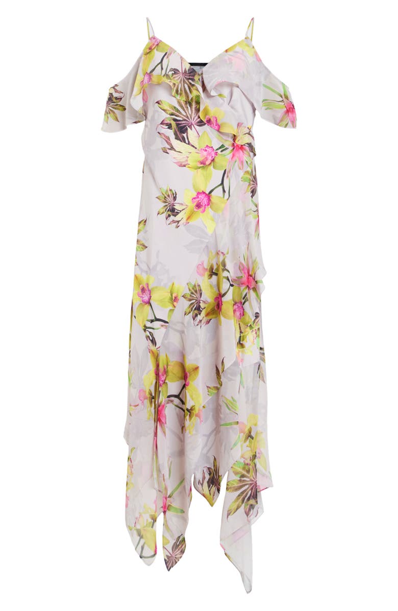 AllSaints Grace Floral Cold Shoulder Asymmetric Dress, Alternate, color, Adena Soft Pink