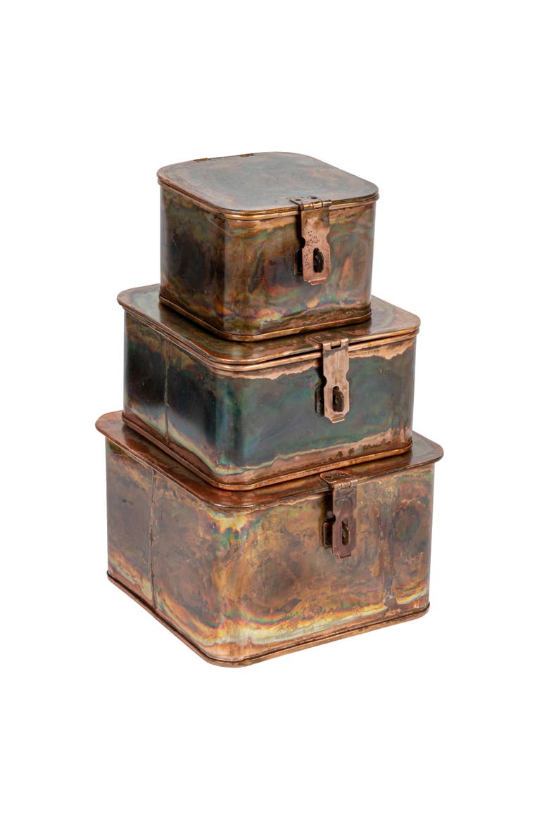 Various Square Decorative Boxes, Burnt Copper Finish, Set of 3, Main, color, Copper