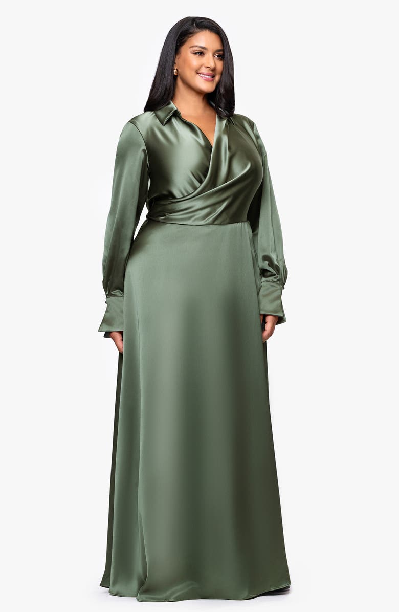 Xscape Evenings Long Sleeve Satin Gown, Alternate, color, Olive
