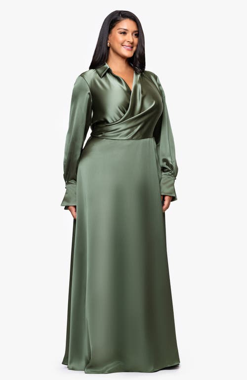 Xscape Evenings Long Sleeve Satin Gown In Green