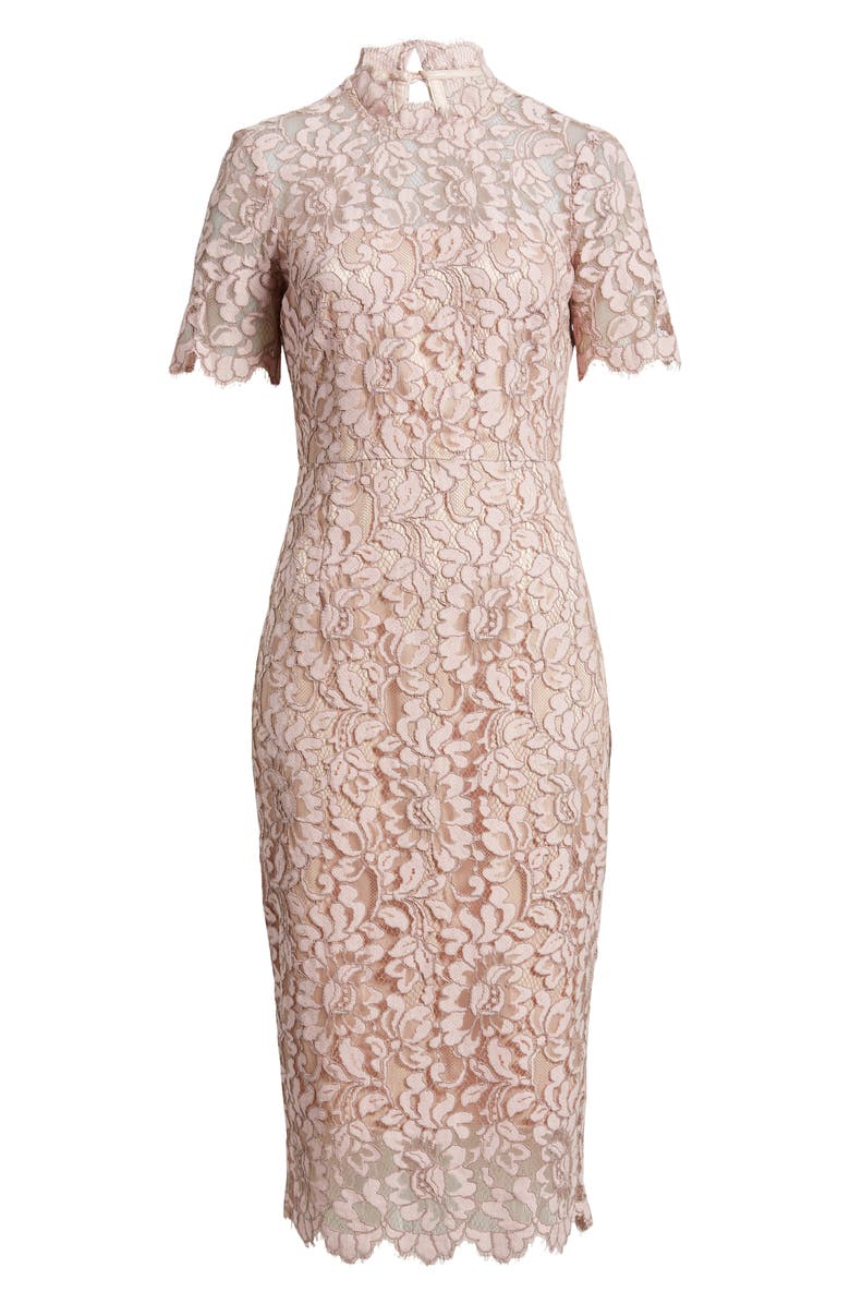 Eliza J Illusion Lace Midi Sheath Dress, Alternate, color, Blush