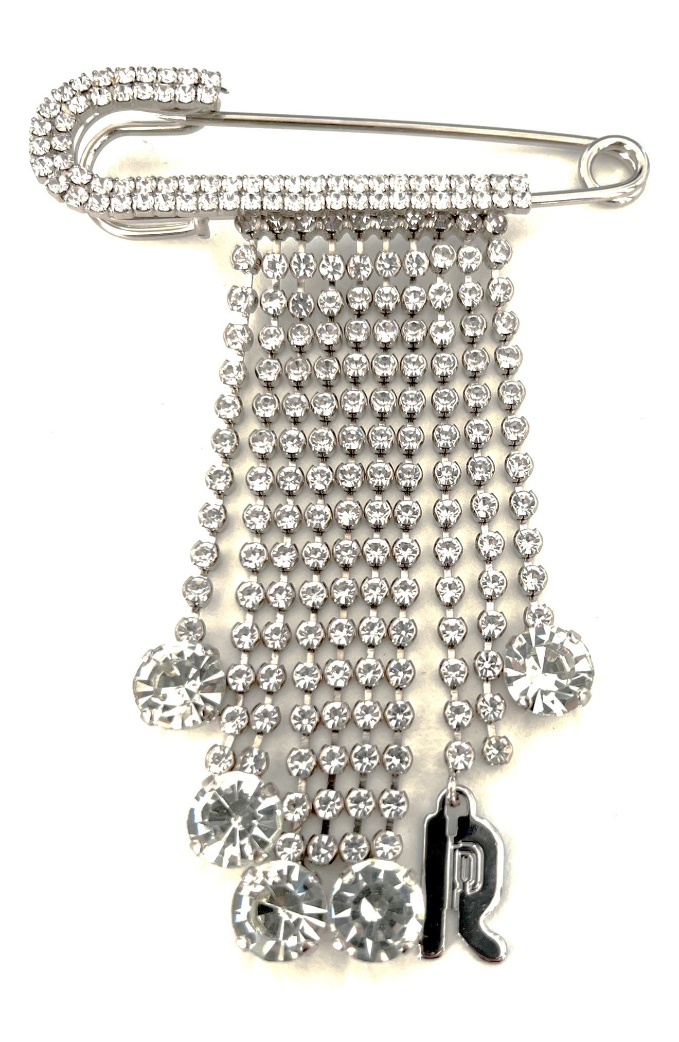 Rabanne Crystal Embellished Safety Pin Bag Charm, Main, color, Silver / Crystal