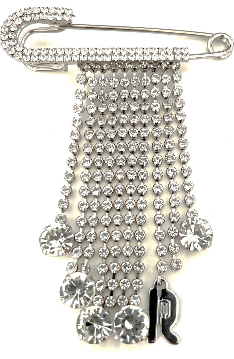 Rabanne Crystal Embellished Safety Pin Bag Charm, Main, color, Silver / Crystal