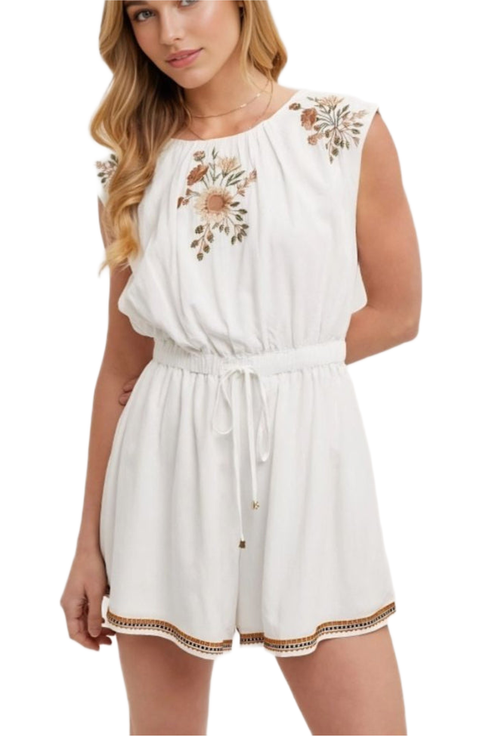 Embroidered Cap Sleeve Drawstring Waist Trimmed Hem Boho Romper