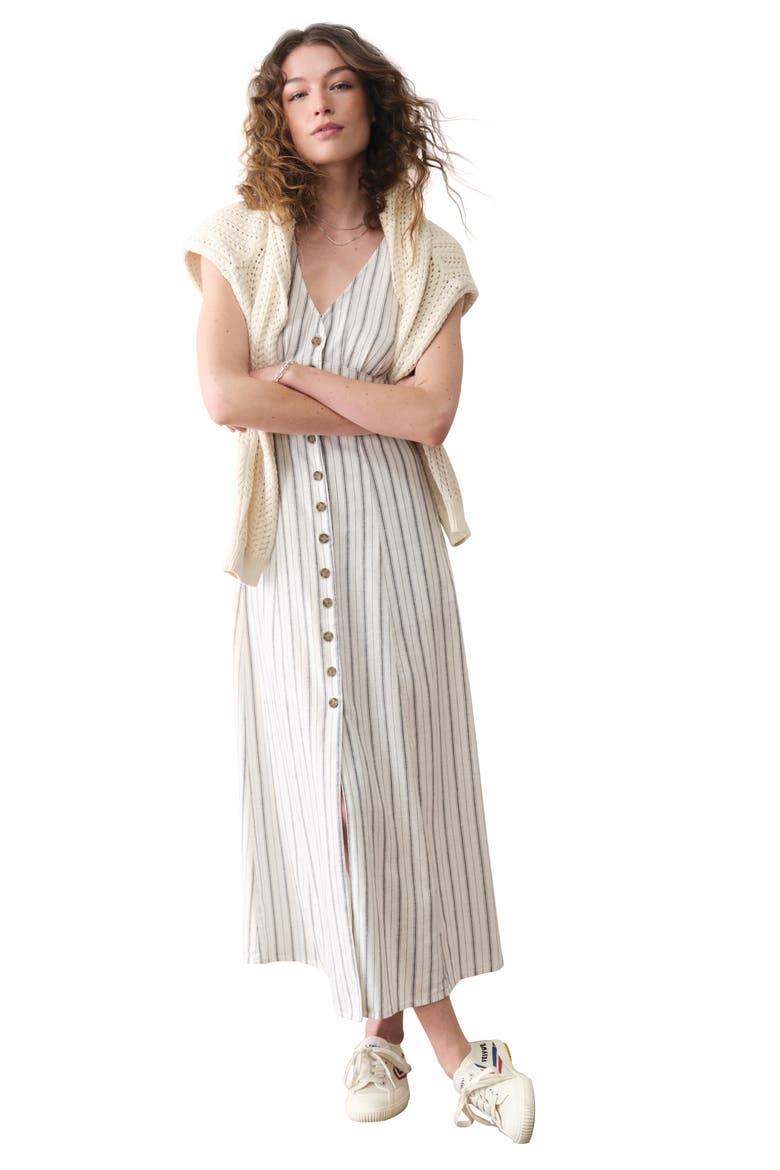 Camila Stripe Button Front Hemp Blend Maxi Dress, Alternate, color, CREAM/NAVY STRIPE