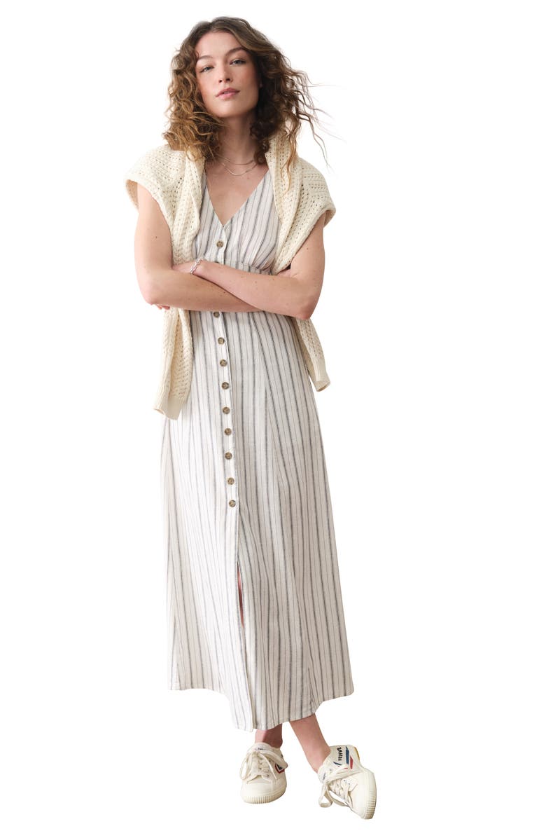 Marine Layer Camila Stripe Button Front Hemp Blend Maxi Dress, Alternate, color, Cream/Navy Stripe