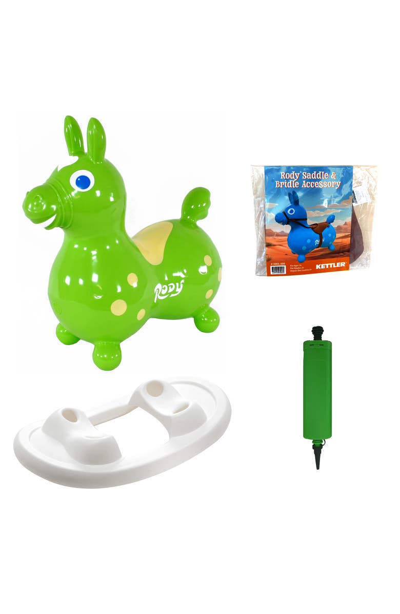 Gymnic Rody Rody Inflatable Bounce Horse with Rocking Base & Saddle-Bridle Accessory, Main, color, Lime Green