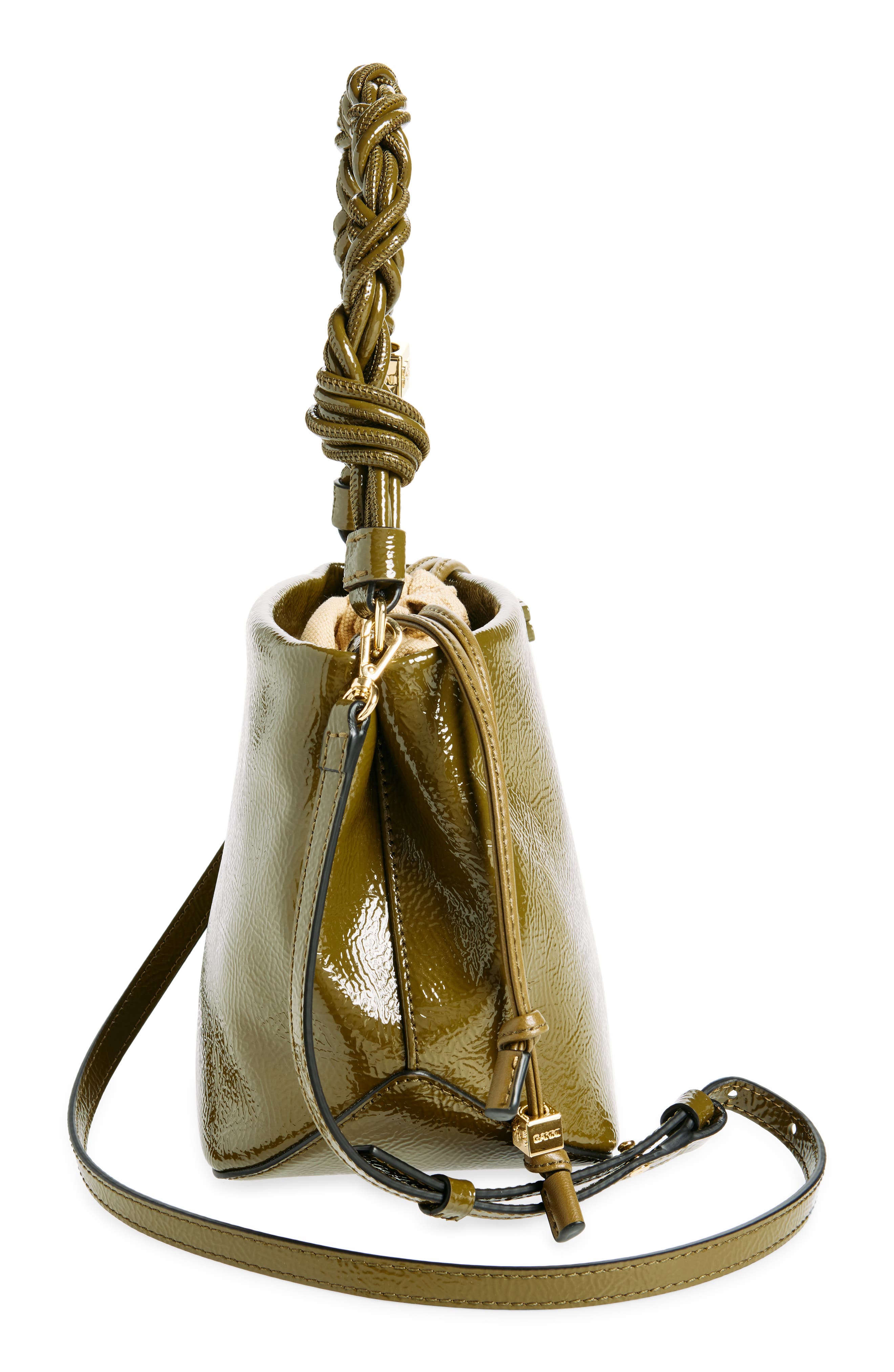 Ganni Bou Patent Crinkle Leather Bucket Bag, Alternate, color, 