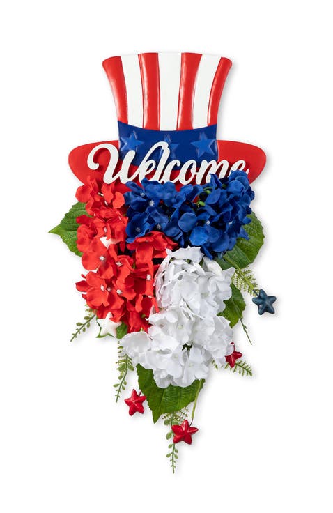 Patriotic Americana Metal Top Hat & Hydrangea Swag Wall Decor