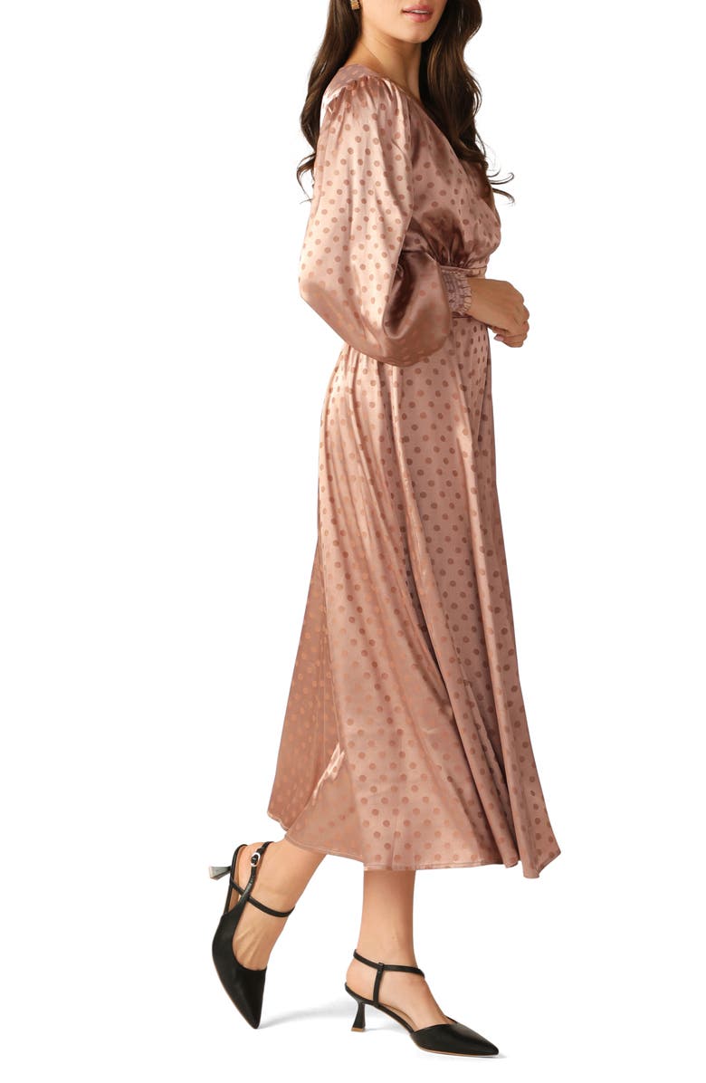 FLYING TOMATO Polka Dot Long Sleeve Satin Midi Dress, Alternate, color, Mocha