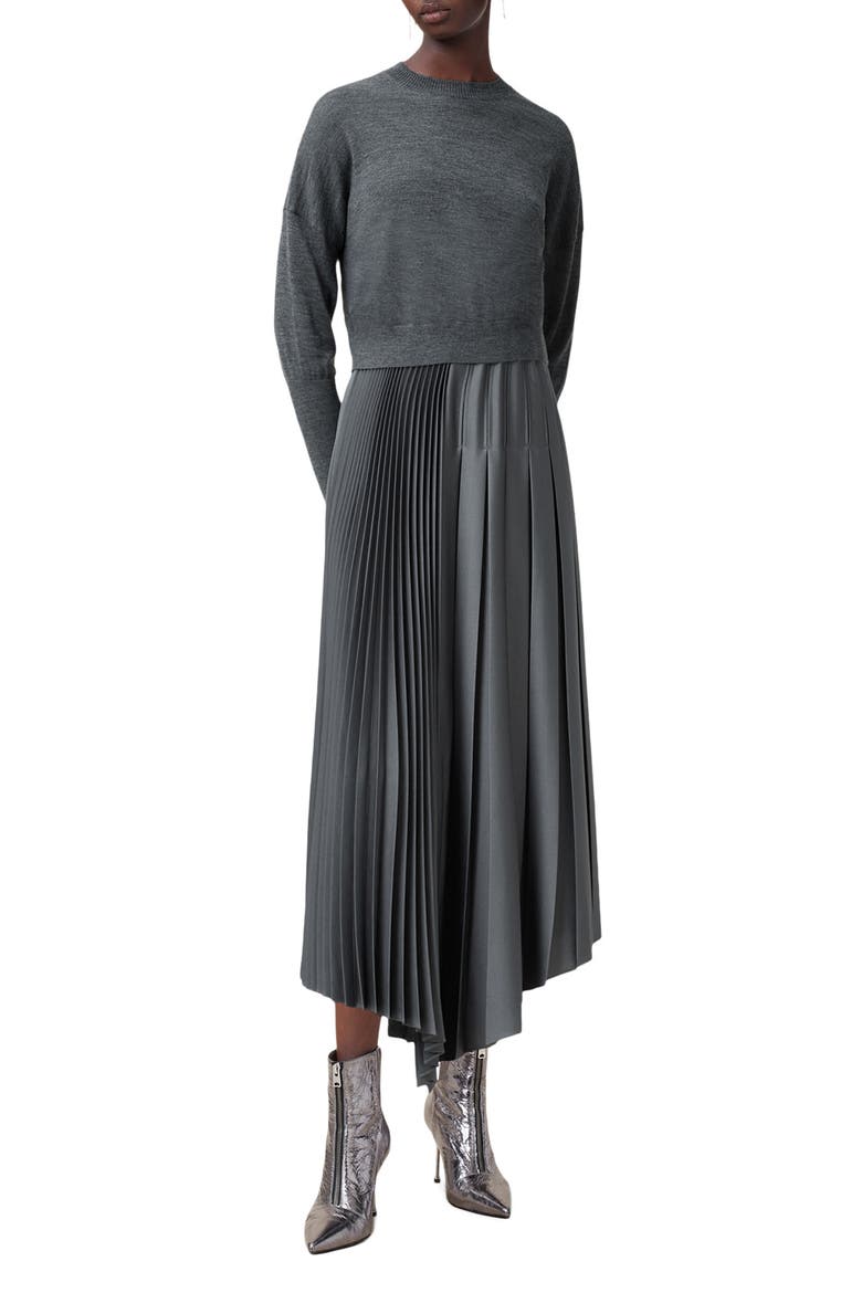 Adriana Asymmetric Pleated Dress and Sweater Set, Main, color, TURBULENCE GREY